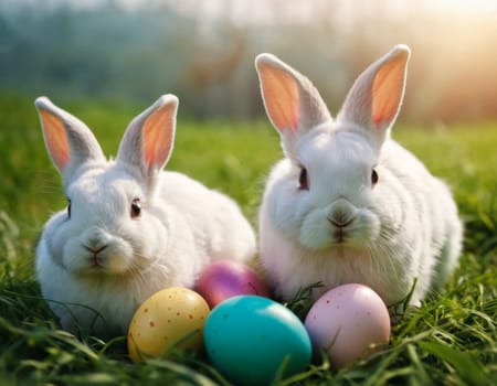 Cute little rabbits in colored chicken eggs. AI generation