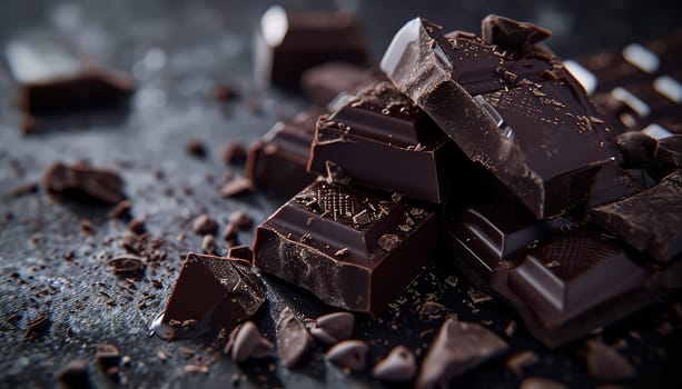 Decadent Dark Chocolate Delight: Broken Pieces and Shavings on a Textured Surface.