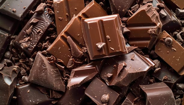 Artisanal Chocolate Heaven: Stacked Dark Chocolate Bars with Cocoa Powder Dusting and Chocolate Shavings.