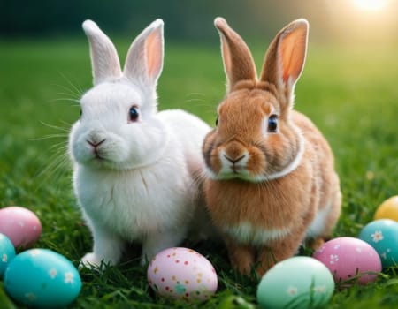Cute little rabbits in colored chicken eggs. AI generation