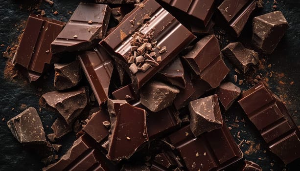 Artisanal Chocolate Heaven: Stacked Dark Chocolate Bars with Cocoa Powder Dusting and Chocolate Shavings.