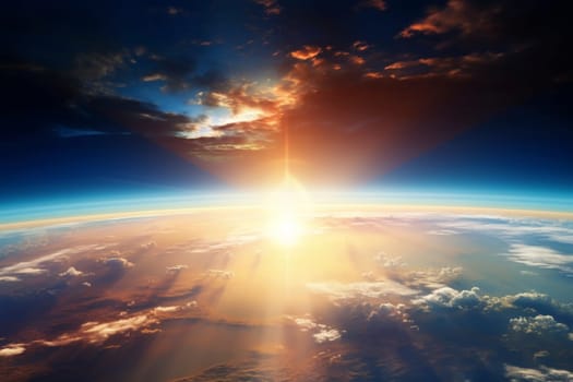 A majestic view of the sun rising over the Earth's horizon, showcasing the planet's atmosphere and clouds from space.