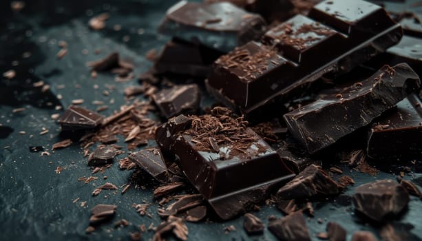 Decadent Dark Chocolate Delight: Broken Pieces and Shavings on a Textured Surface.