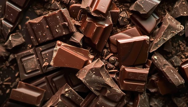 Artisanal Chocolate Heaven: Stacked Dark Chocolate Bars with Cocoa Powder Dusting and Chocolate Shavings.