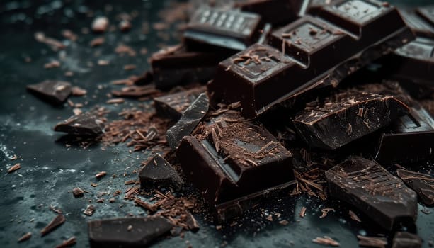 Decadent Dark Chocolate Delight: Broken Pieces and Shavings on a Textured Surface.