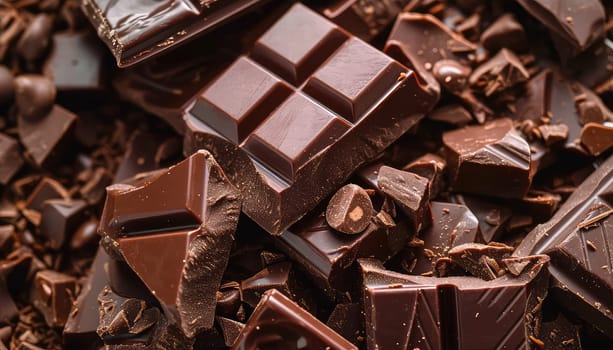 Artisanal Chocolate Heaven: Stacked Dark Chocolate Bars with Cocoa Powder Dusting and Chocolate Shavings.