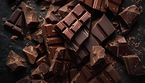 Artisanal Chocolate Heaven: Stacked Dark Chocolate Bars with Cocoa Powder Dusting and Chocolate Shavings.
