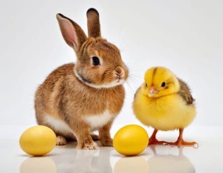 Easter image of a bunny, chick and egg. AI generation