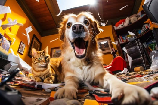 Excited dog and cat making a mess in a home interior. Wide-angle pet portrait with copy space. Chaos and mischief concept for banner, poster, and pet behavior illustration