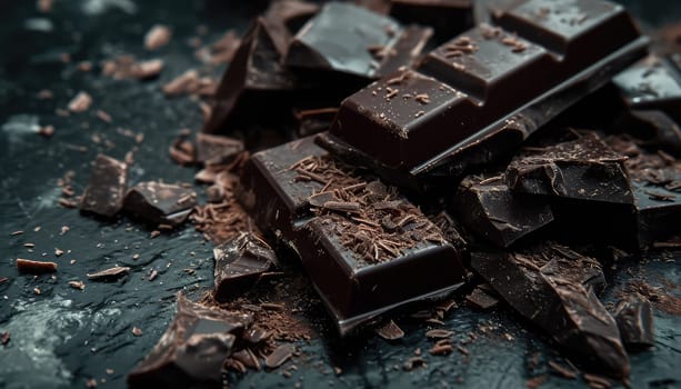 Decadent Dark Chocolate Delight: Broken Pieces and Shavings on a Textured Surface.