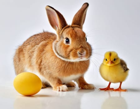 Easter image of a bunny, chick and egg. AI generation