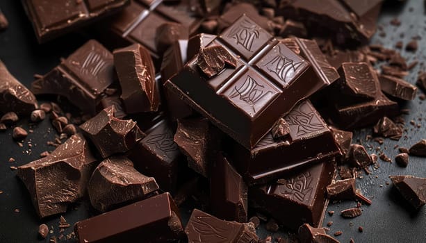 Artisanal Chocolate Heaven: Stacked Dark Chocolate Bars with Cocoa Powder Dusting and Chocolate Shavings.