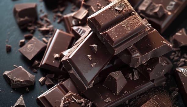Artisanal Chocolate Heaven: Stacked Dark Chocolate Bars with Cocoa Powder Dusting and Chocolate Shavings.