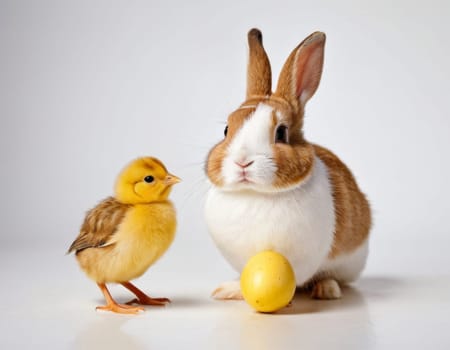 Easter image of a bunny, chick and egg. AI generation