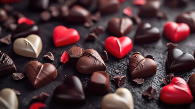 Valentine's Delight: Assorted Heart-Shaped Chocolates on Dark Slate, Embellished with Red Sprinkles.