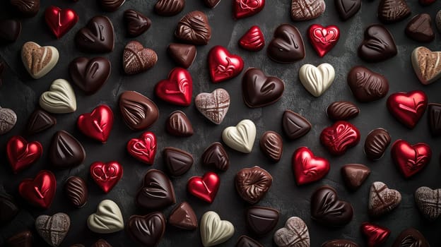 Valentine's Delight: Assorted Heart-Shaped Chocolates on Dark Slate, Embellished with Red Sprinkles.