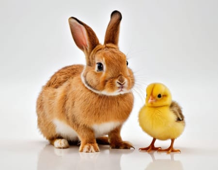 Easter image of a bunny, chick and egg. AI generation