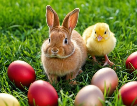 Easter little bunny and yellow chick on a green meadow. AI generation