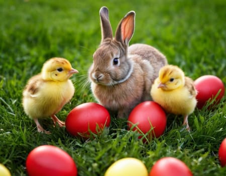 Easter little bunny and yellow chick on a green meadow. AI generation