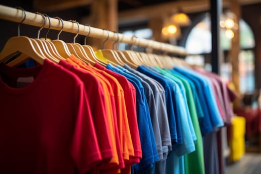 A variety of colored t-shirts neatly displayed on wooden hangers in a retail clothing store.