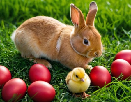 Easter little bunny and yellow chick on a green meadow. AI generation