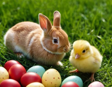 Easter little bunny and yellow chick on a green meadow. AI generation