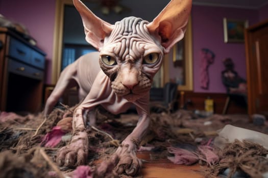 A hairless Sphynx cat stands amid a scattered mess of fabric, its intense gaze piercing the lens. The cluttered room sets a scene of curious disarray, reflecting the cat's bold character