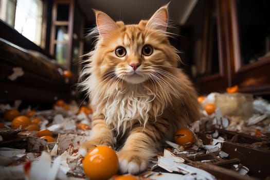 A fluffy orange and white cat looks directly into the camera with a playful gaze, surrounded by a mess of torn paper pieces. The sunlight filters through the blinds, highlighting the chaos and the cat's innocent expression