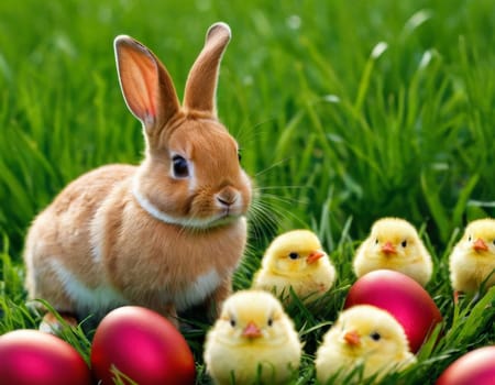 Easter little bunny and yellow chick on a green meadow. AI generation