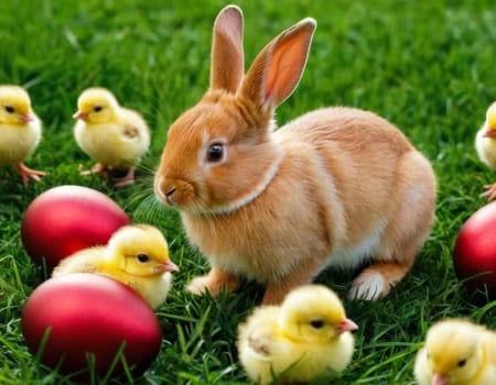 Easter little bunny and yellow chick on a green meadow. AI generation