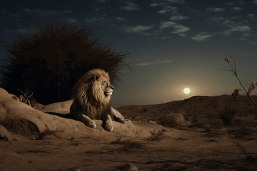 Male lion resting at twilight in the desert. Wildlife photography with sunset and moon. African safari and wild animal theme