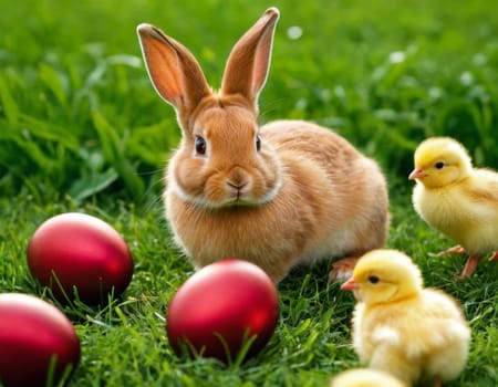 Easter little bunny and yellow chick on a green meadow. AI generation