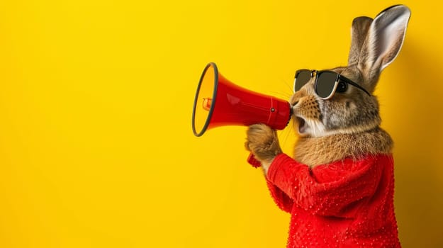 Stylish Rabbit with Sunglasses and Megaphone on Yellow Background.