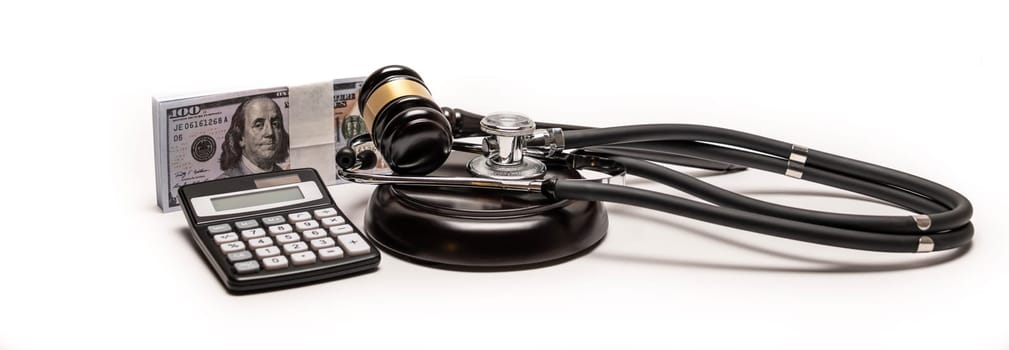 A conceptual image featuring a gavel, cash, and stethoscope symbolizing medical malpractice litigation