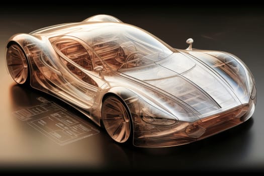 Futuristic transparent car concept with visible internal engineering details on a dark background.