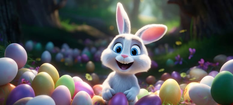 Cheerful animated rabbit with a joyful expression sitting among a collection of colorful Easter eggs in a forest.