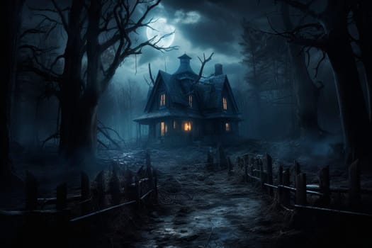Eerie night scene of a haunted Victorian house surrounded by sinister trees under a gloomy sky.