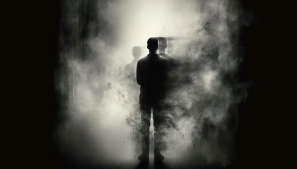 A person's silhouette fades into fog, evoking detachment and obscurity.