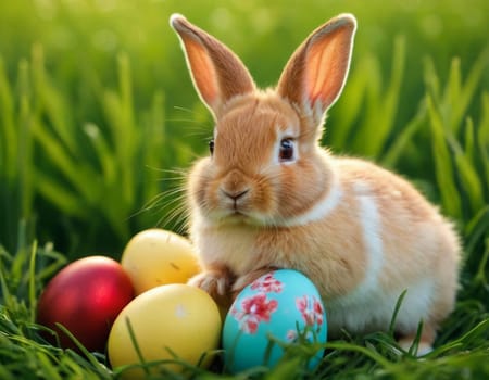 Image of a little rabbit. Illustration of the Christian holiday of Holy Easter. AI generation