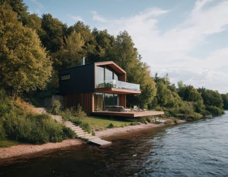 Modern house on the river bank. AI generation