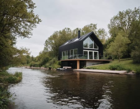 Modern house on the river bank. AI generation