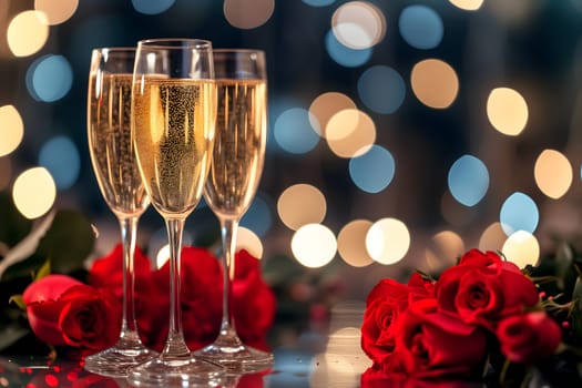 three glasses with sparkling wine or champagne and red roses on table with bokeh lights in the background for generic celebration concept. Neural network generated image. Not based on any actual or scene.