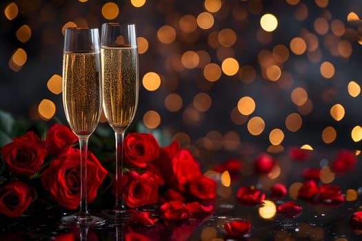 two glasses with sparkling wine or champagne and red roses on table with bokeh lights in the background for generic celebration concept. Neural network generated image. Not based on any actual or scene.