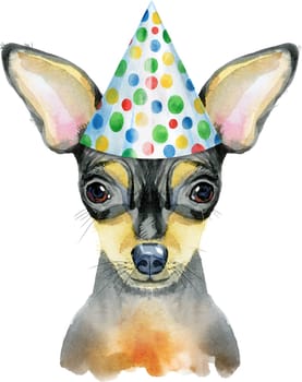 Cute Dog in party hat. Dog T-shirt graphics. watercolor toy terrier illustration