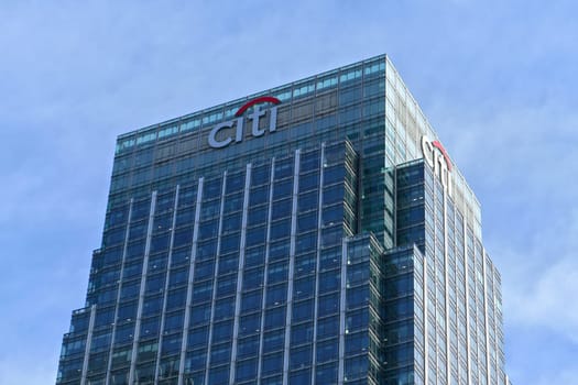 London, United Kingdom - February 03, 2019: Sun shines on Citi EMEA headquarters at Canary Wharf. Citibank (Citigroup Inc.) is American investment bank founded 1988.