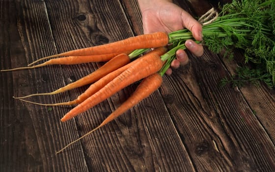 Hand holding bunch of red carrots with green leaves over dark wooden board