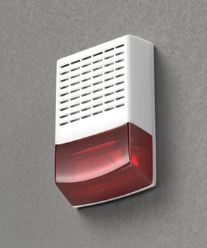 Alarm siren with flash light attached on a grey wall