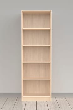 Empty wooden bookcase in the room, front view