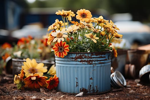 A flowerbed with yellow flowers in an old iron bucket in the park.