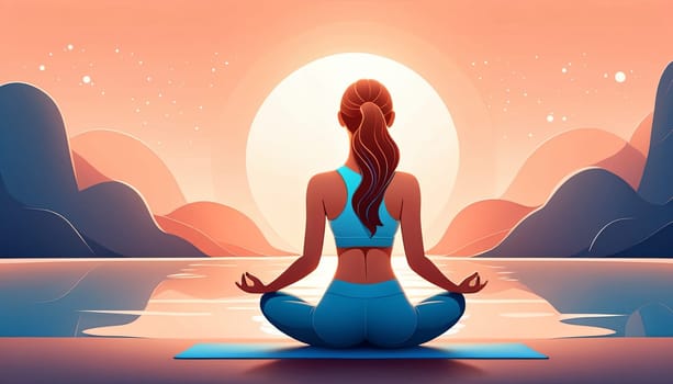 A woman in a lotus yoga asana, seen from the back, practicing relaxation and meditation. Peach and blue hues dominate the scene, with stars and a large moon illuminating the dark sky backdrop. Represents peaceful nighttime meditation for relaxation